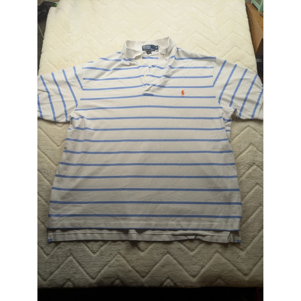 Polo Ralph Lauren Mens 2Xl Polo Shirt Blue White Striped Big Tall Cotton Pique